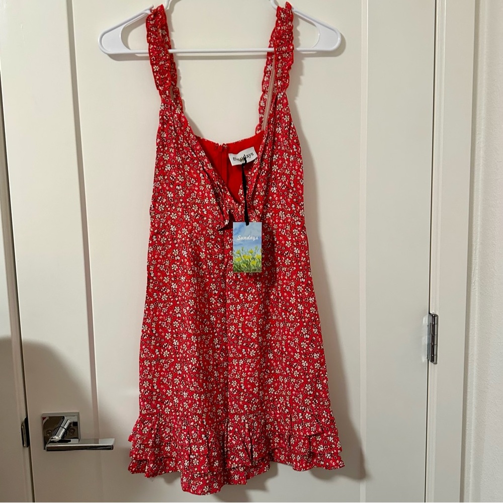 NWT ANTHROPOLOGIE SUNDAYS Red Floral Dress with Ruffle Detail